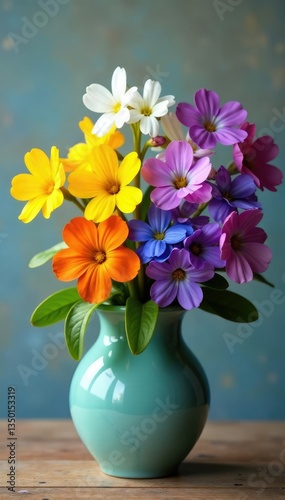 Colorful flowers of Scilla bifolia and Primula vulgaris in a vase, vase, flowers