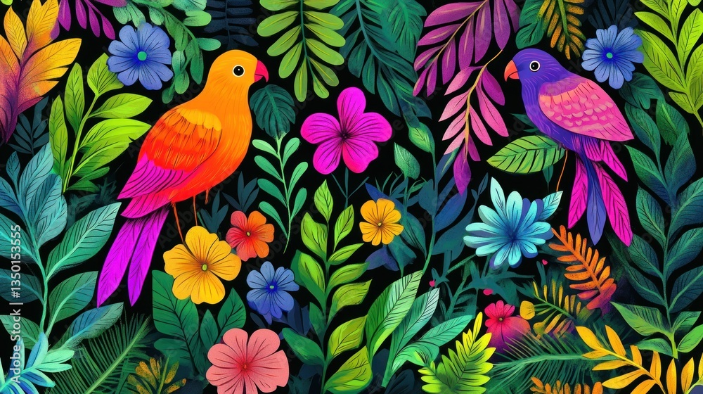 Fototapeta premium Vibrant tropical birds & flowers