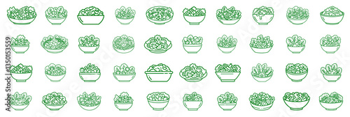 Modern and minimalist salad icons in shades of green. Vector set covering varieties such as kale salad, spinach, fruit, garden and chef salads.