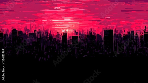 Pixelated city skyline at sunset