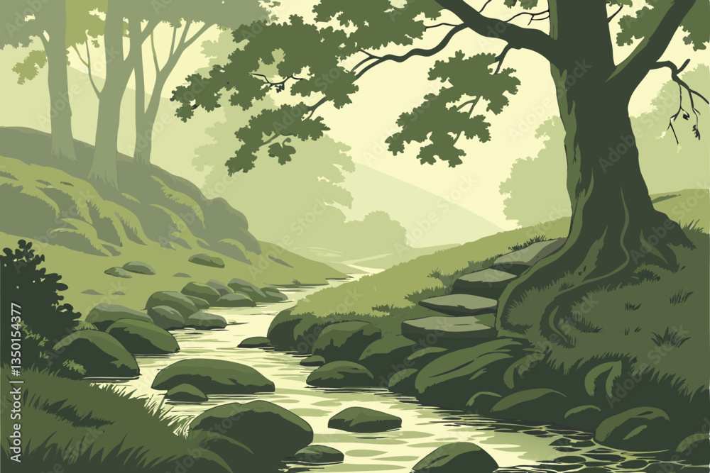 Fototapeta premium 1 Serene forest stream, Mossy rocks, Dappled sunlight, Dense foliage, Crystal clear water, Tranquil woodland, Green undergrowth, Natural stepping stones, Filtered forest light, Lush ecosystem, Peacefu