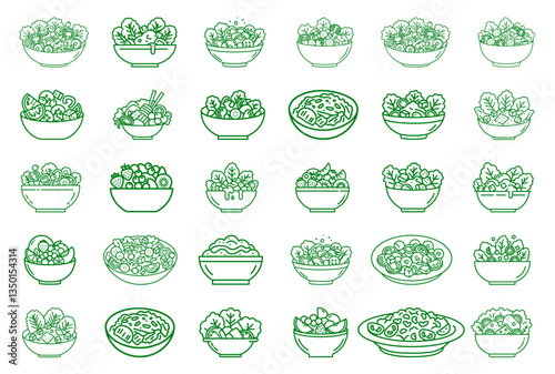 Collection of icons covering different types such as chef salad, fruit salad, garden salad.