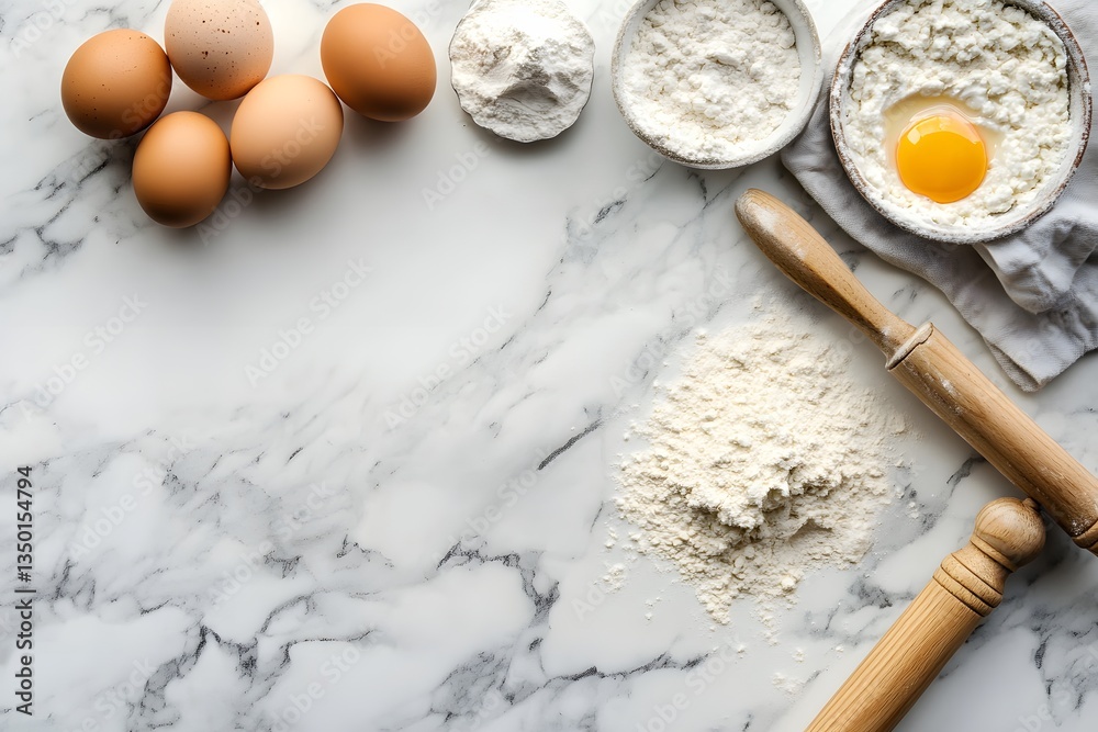 Flour, Eggs, and Rolling Pin on Kitchen Countertop