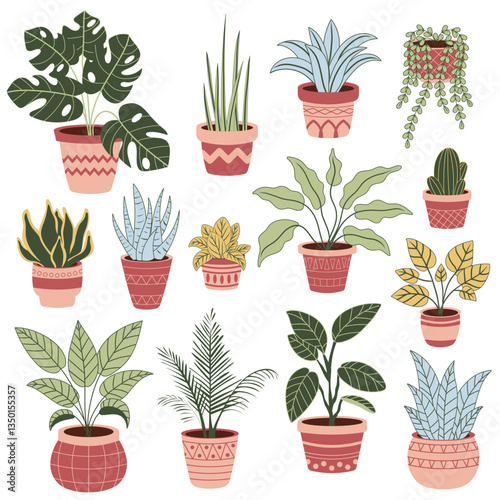Set of illustrations of indoor plants in pots. Includes various types of plants such as monstera, succulents, palms and others. Perfect for interior design, eco-friendly projects, websites, social med