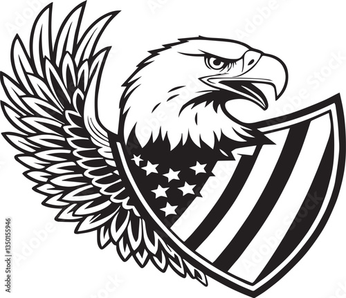 Black Eagle Shield Emblem with Wings, Tribal Tattoo Illustration, Wild Nature Symbol, Cartoon Style