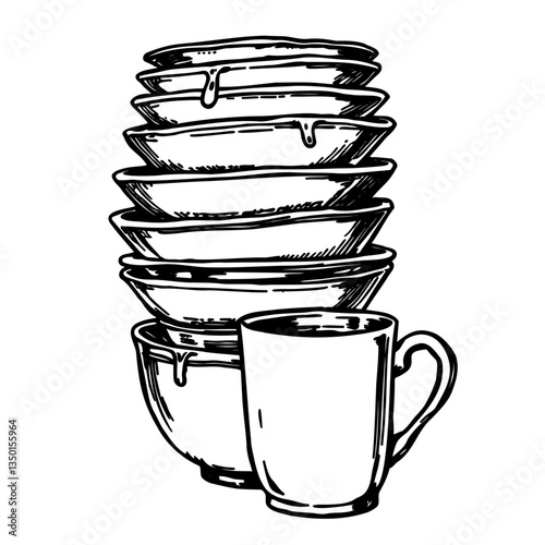 stack of dirty bowls and a cup, dishwashing sketch