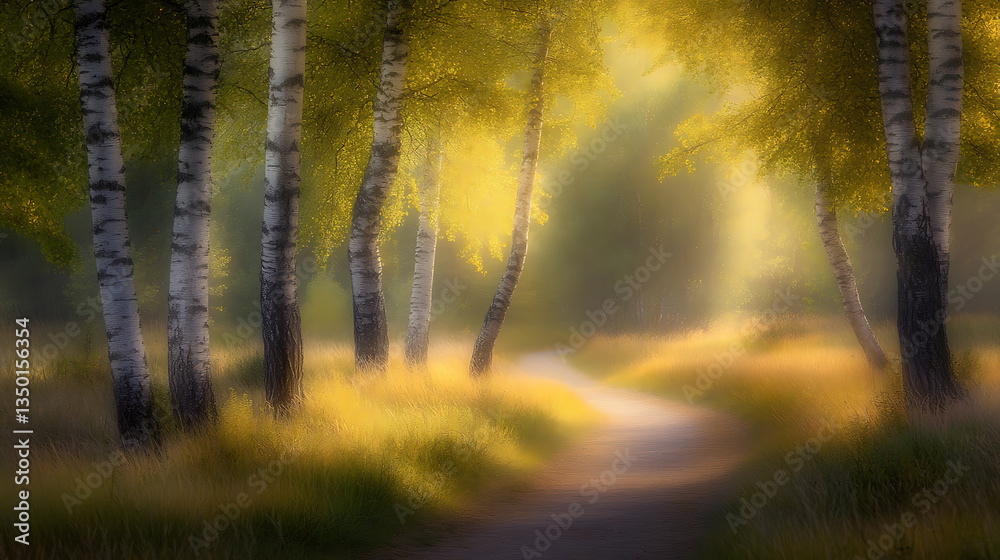 A path winds through a soft-focus birch forest sunlight filtering through the golden foliage creating a dreamy ethereal atmosphere. A path winds through a soft-focus birch forest sunlight filtering through the golden foliage creating a dreamy ethereal atmosphere.