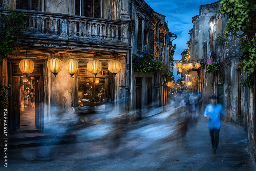 Fototapeta premium Ancient street at dusk illuminated by glowing lanterns with blurred figures in motion.