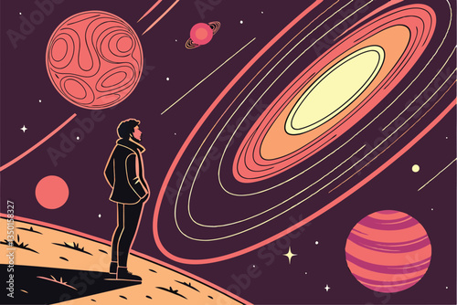 3 Cosmic wonder, man silhouette gazing at universe, vibrant nebula, swirling galaxies, glowing stars, celestial bodies, dark space background, awe-inspiring, photorealistic, cinematic lighting, high d