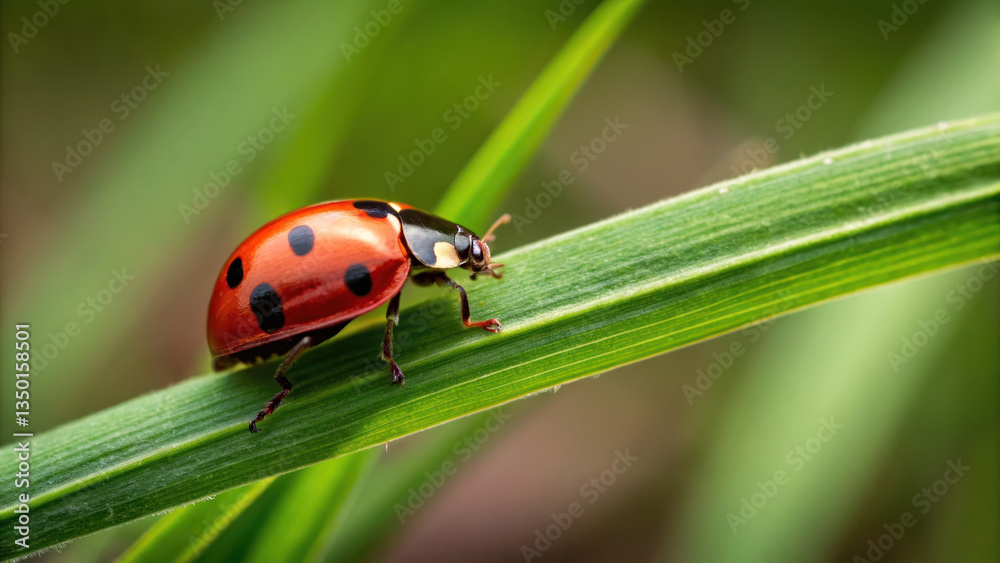 ladybug is walking green blade of grass, showcasing its bright red shell and distinctive black spots. This close up captures ladybug is walking green blade of grass, showcasing its bright red shell and distinctive black spots. This close up captures