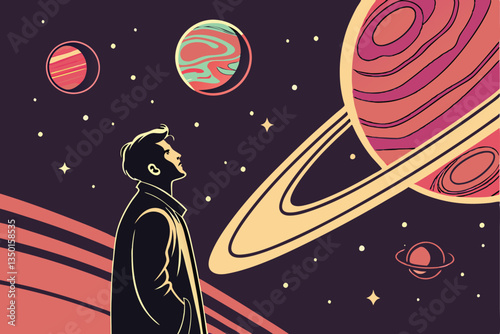 3 Cosmic wonder, man silhouette gazing at universe, vibrant nebula, swirling galaxies, glowing stars, celestial bodies, dark space background, awe-inspiring, photorealistic, cinematic lighting, high d