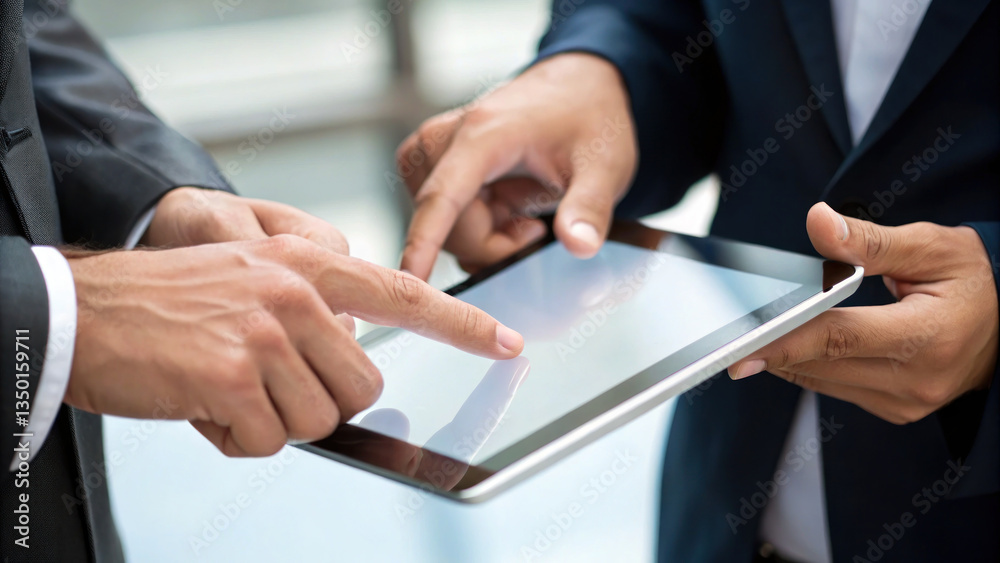 Two business partners collaborating on tablet, showcasing teamwork and technology in professional setting Two business partners collaborating on tablet, showcasing teamwork and technology in professional setting