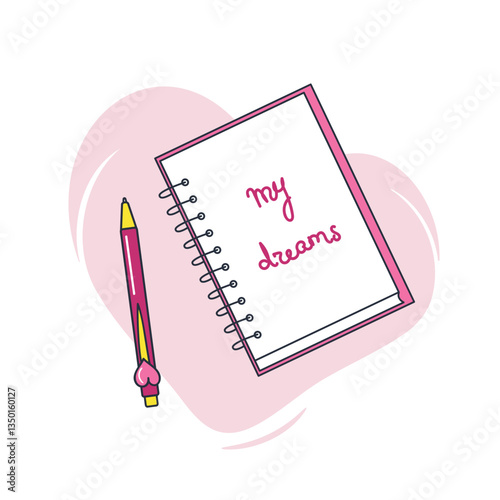 Hand lettering My dreams on the page of girl diary with pink pen. Cute cartoon design for prints