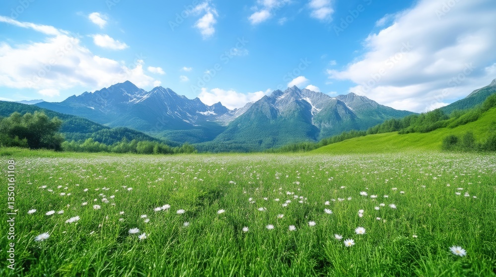 Fototapeta premium Lush alpine meadow bathed in sunlight, with towering mountains in the background. A blanket of wildflowers and green grass stretches out before the majestic peaks under a vibrant sky