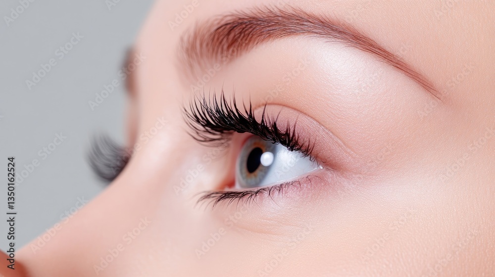 Fototapeta premium Female eye with long black eyelashes and groomed eyebrow looking forward under bright studio lighting.