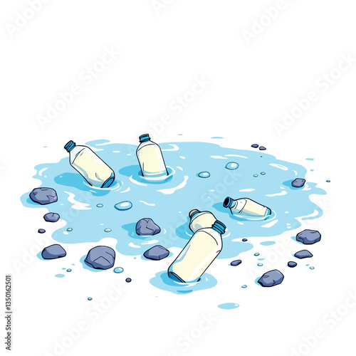 Plastic bottles polluting a small pond with rocks and bubbles