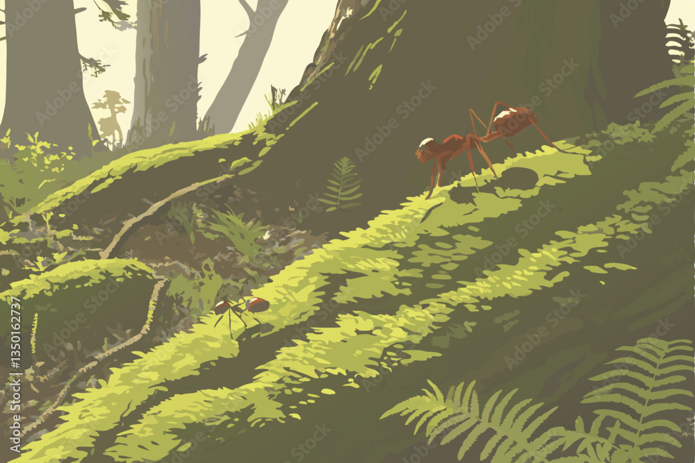 6 Macro photography, red ants on forest floor, vibrant green moss, decaying wood, lush undergrowth, dappled sunlight, shallow depth of field, high contrast, rich earthy colors, intricate details, natu