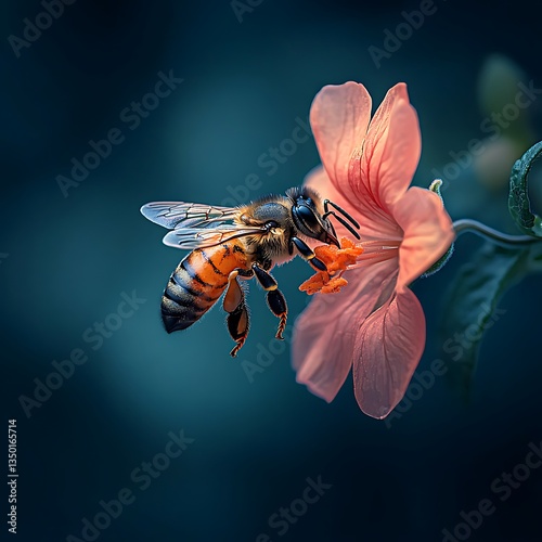 Bee pollinating pink flower.