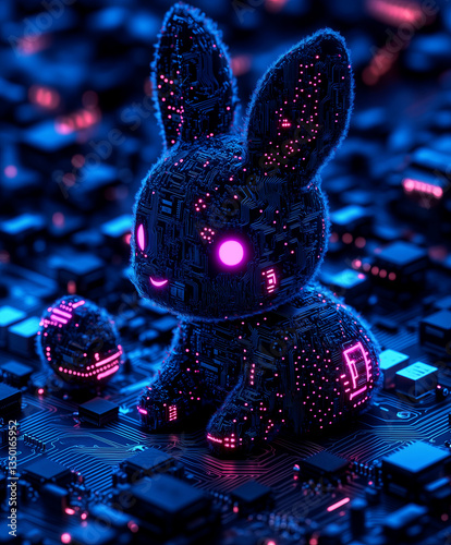 Cyberpunk Easter art with glowing tech bunny and egg. Neon pet on circuit board