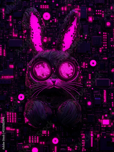 Cyberpunk Easter art with glowing tech bunny. Neon pet on circuit board