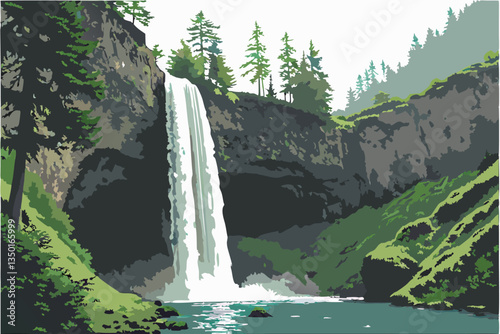 7 Majestic waterfall, towering cliffs, lush green vegetation, cascading white water, misty spray, tranquil blue pool, rocky outcrops, evergreen forest, dramatic landscape, natural wonder, scenic beaut