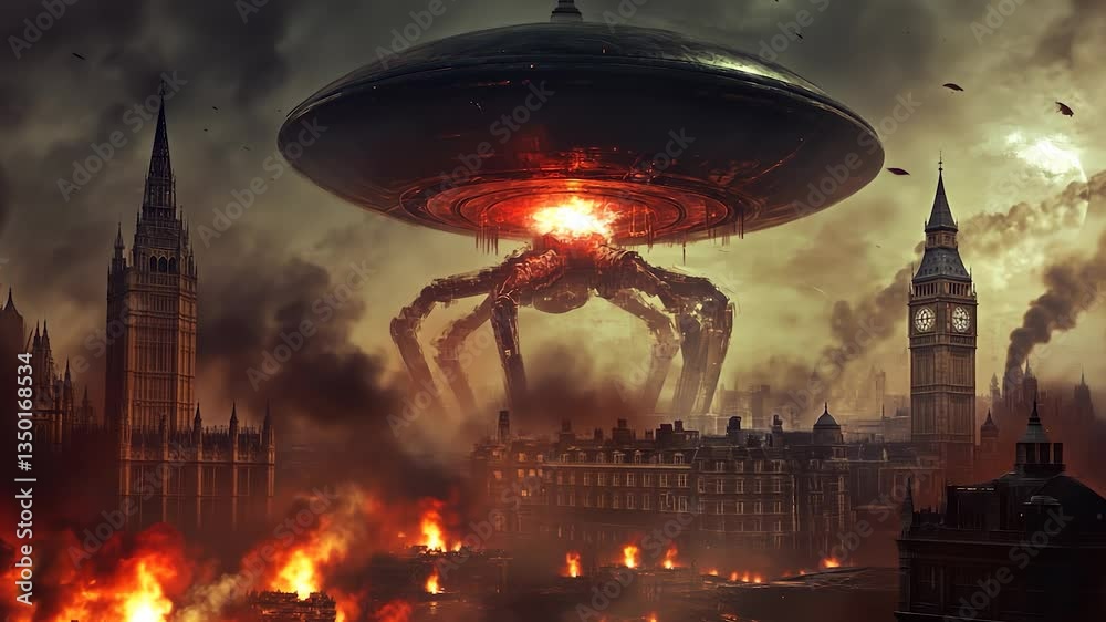 An alien spaceship flying over the city. Art war with explosions in the ufo. Smoke from a fire in the sky. A spacecraft from another planet soaring above the city lifestyle.