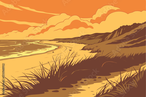 9 Breathtaking coastal sunset, golden hour, vibrant orange sky, dramatic clouds, sandy beach, sea grass in foreground, gentle waves, reflective wet sand, tranquil ocean, serene atmosphere, long exposu