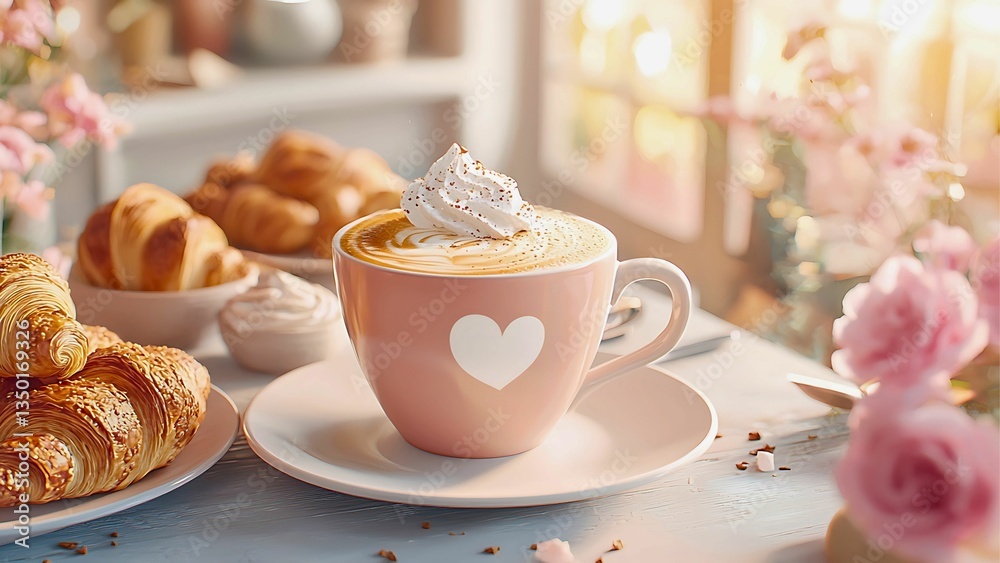 cup of coffee with whipped cream and croissants on the table. cup of coffee with whipped cream and croissants on the table.