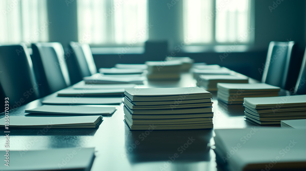 Stacks of papers are neatly arranged on a conference table, illuminated by soft light filtering through the nearby windows. Stacks of papers are neatly arranged on a conference table, illuminated by soft light filtering through the nearby windows.