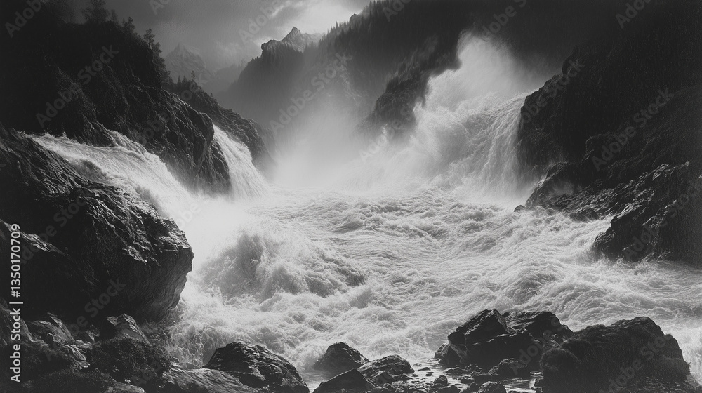 A wild river in full flood, swollen with rainwater and rushing through the landscape A wild river in full flood, swollen with rainwater and rushing through the landscape