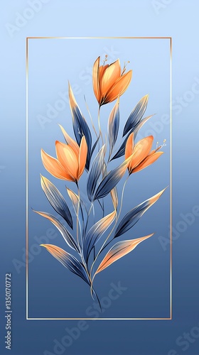 Elegant Orange Flowers for Blue Gradient Background.