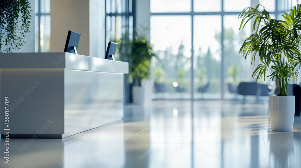 Sleek reception area with modern desk, plants, and bright natural light, creating a welcoming and professional ambiance. Sleek reception area with modern desk, plants, and bright natural light, creating a welcoming and professional ambiance.