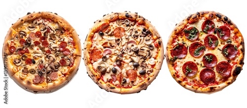 Set of three different types of pizza on a white background, top view. Isolated. High-detail, ultra-realistic photo rendering.