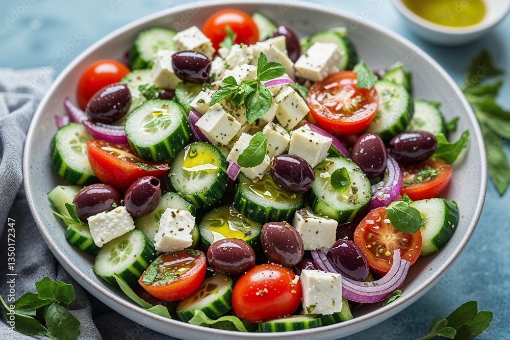 A vibrant Greek salad bursting with fresh cucumbers, juicy tomatoes, salty feta, and Kalamata olives, drizzled with olive oil in a rustic bowl.