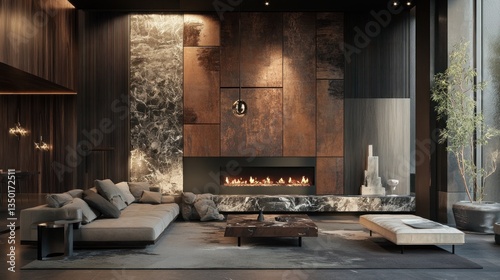 Wallpaper Mural Modern living room with a fireplace and accent wall Torontodigital.ca