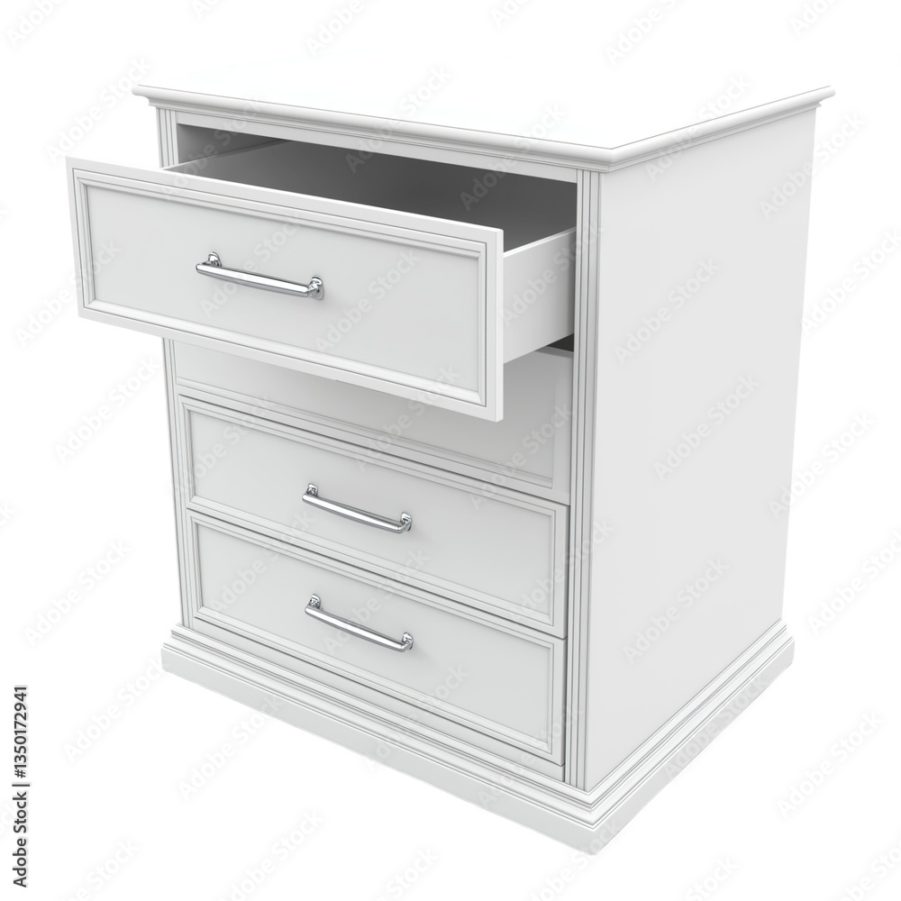 White chest of drawers with one drawer slightly open featuring silver pulls and traditional design isolated on png transparent background White chest of drawers with one drawer slightly open featuring silver pulls and traditional design isolated on png transparent background