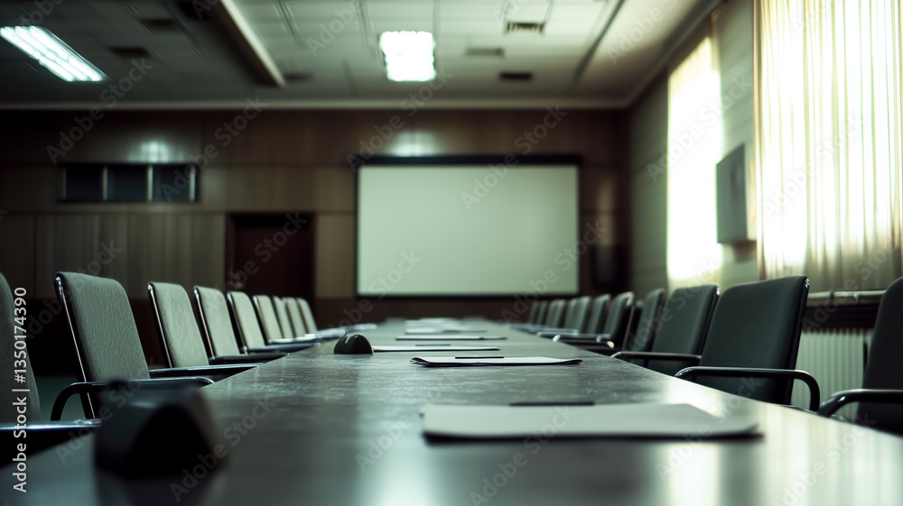 Empty conference room with a long table, chairs, and a blank presentation screen, bathed in soft natural light. Empty conference room with a long table, chairs, and a blank presentation screen, bathed in soft natural light.
