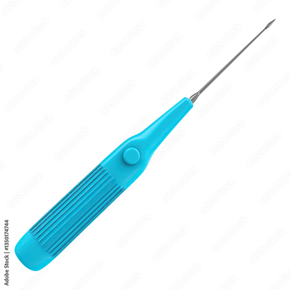 Cyan dental instrument with fine metal tip designed for precise oral care procedures isolated on png transparent background Cyan dental instrument with fine metal tip designed for precise oral care procedures isolated on png transparent background
