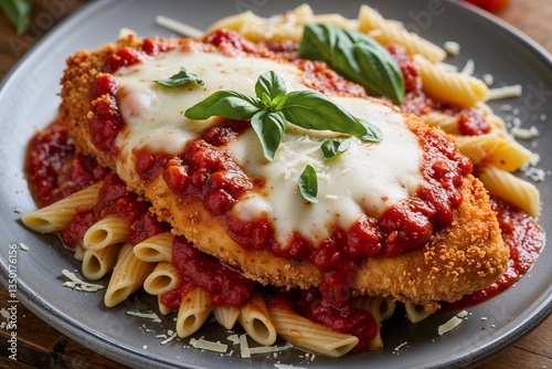 A sizzling, cheesy chicken parmesan delight, served atop perfectly cooked penne pasta with a rich, vibrant marinara sauce; warm lighting enhances the inviting aroma.
