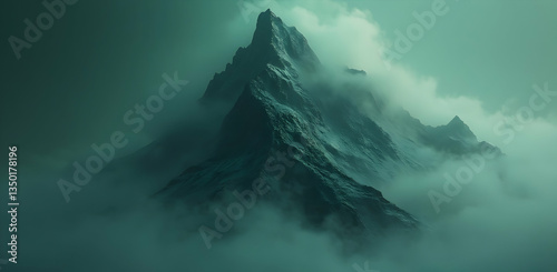 Majestic Mountain Peak Emerging From Thick Mystical Fog Landscape Scenery