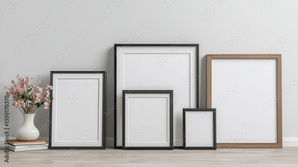 A collection of empty picture frames in various sizes, arranged aesthetically with a vase of flowers, set against a neutral wall. A collection of empty picture frames in various sizes, arranged aesthetically with a vase of flowers, set against a neutral wall.