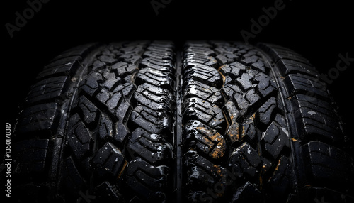 intricate, high-resolution, close-up view of a rugged, heavily-worn tire tread
