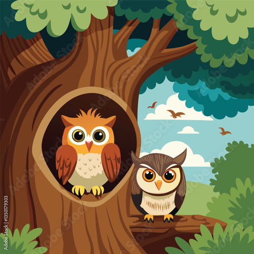 Owls in Their Tree Hollow Home