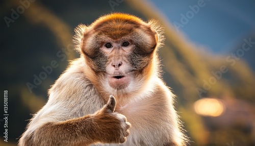 A monkey giving the camera a thumbs up