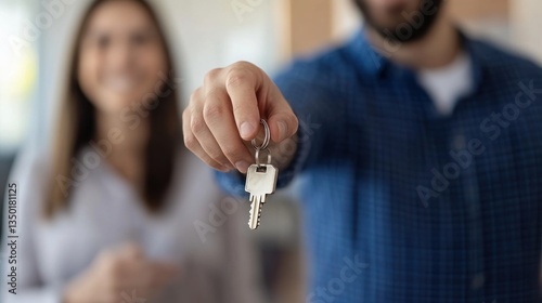New Home Keys Handout, Couple's Joyful Moment of Homeownership