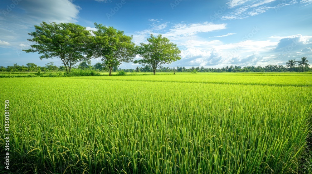 Lush green rice paddy field under blue sky, trees, rural landscape, idyllic scenery, agriculture