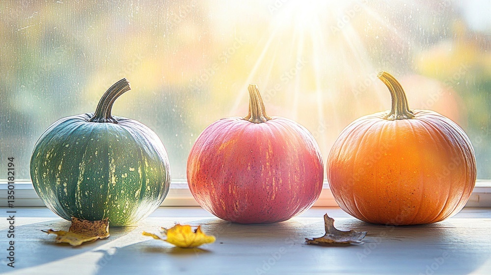 Obraz premium Three pumpkins on a windowsill, autumnal colors