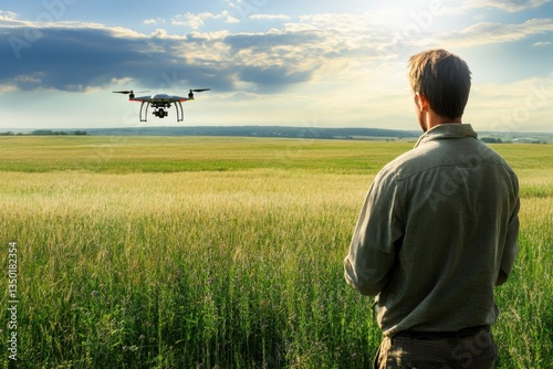 Wallpaper Mural Man operating a drone over a vast grassy field during a sunset Torontodigital.ca