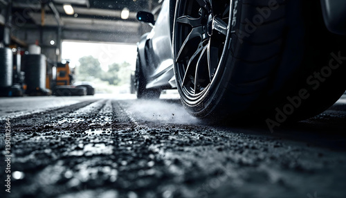Wallpaper Mural Car wheel, low angle, garage floor, industrial setting, dramatic lighting, high contrast, metallic sheen Torontodigital.ca