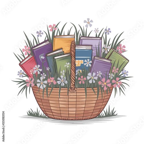  basket filled with books features colorful covers nestled among grass and delicate flowers
